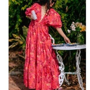 MISA Ysabel Tiered Ruffle Cotton Floral Print Fuchsia Maxi Puff Sleeve Dress S